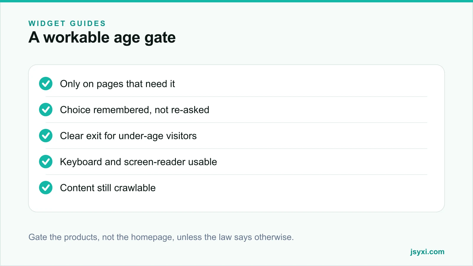 Checklist panel listing the requirements of a workable age gate