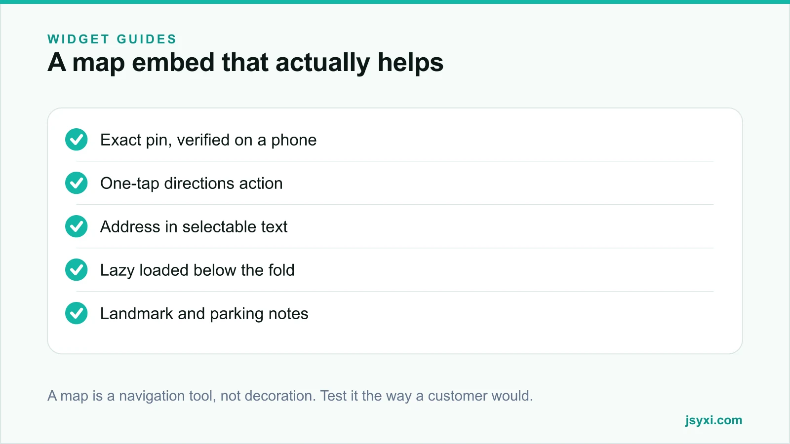 Checklist panel listing the requirements for a useful map embed on a business website