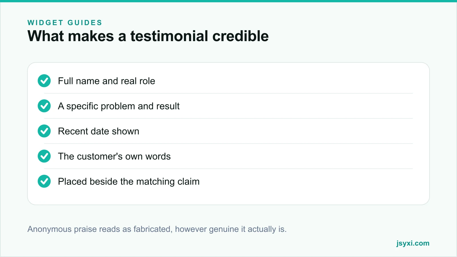 Checklist panel listing the properties that make a testimonial credible