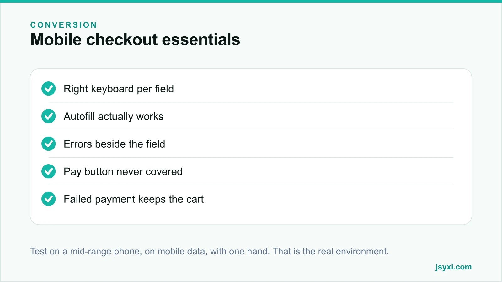 Checklist panel listing the essentials of a mobile checkout that converts